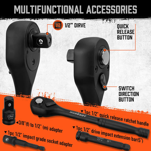 HORUSDY 3/8 to 1/2 inch adapter enabling mixed-drive configurations.