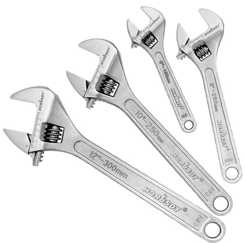 HORUSDY 4-piece adjustable wrench set laid out for easy comparison and versatile home repairs.