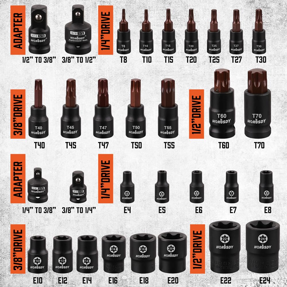 HORUSDY 4-piece impact adapter kit – enables quick tool conversions.
