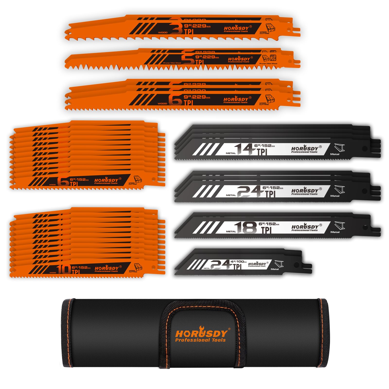 HORUSDY 40-piece blade set front view in organized pouch for easy access.