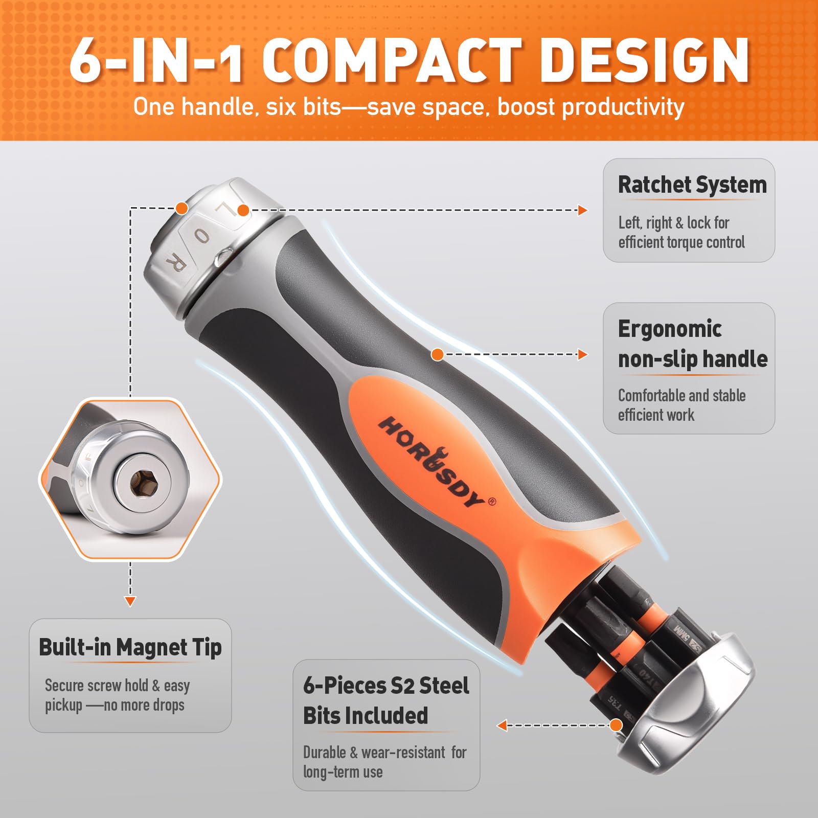 HORUSDY 6-in-1 ratcheting handle speeds up fastening