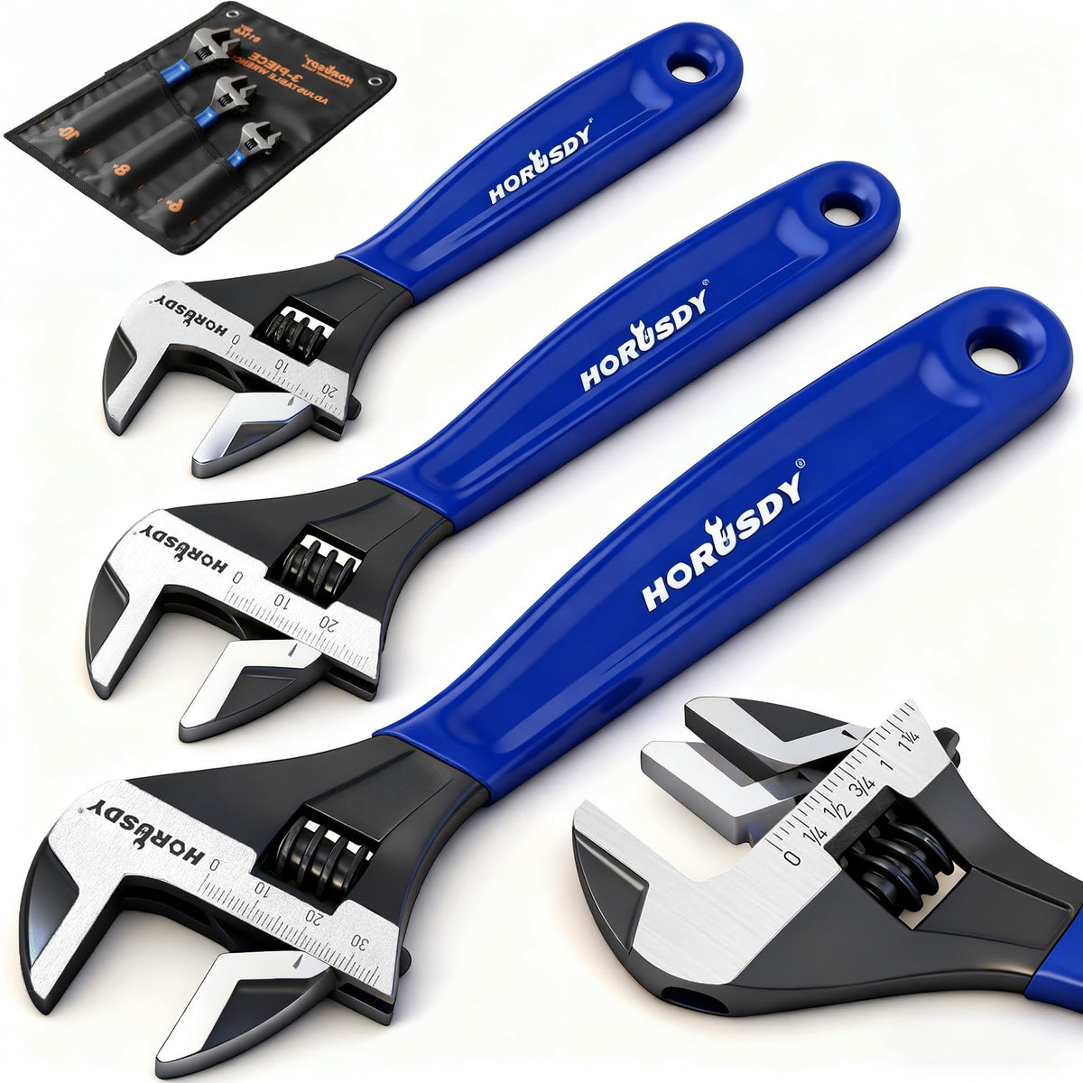 HORUSDY 6-inch adjustable wrench with clear mm and SAE scales for quick sizing.