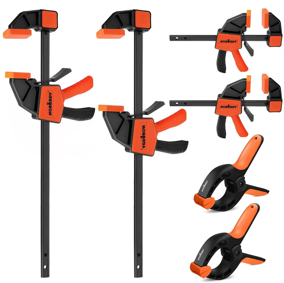 HORUSDY 6-pack wood clamps set for quick, secure assembly on a benchtop.