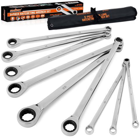 HORUSDY 9-piece extra-long wrench set front view for high-torque in tight spaces.