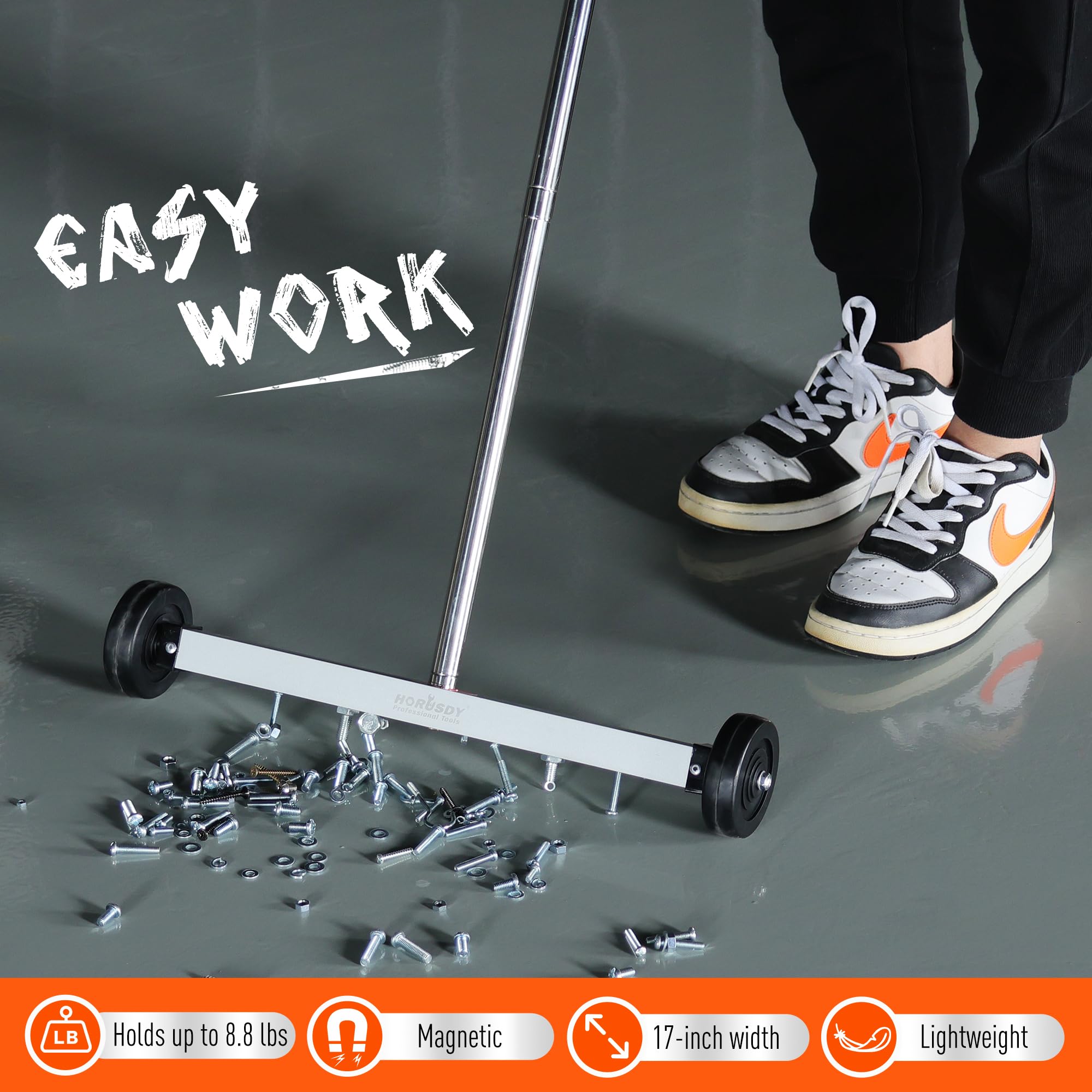 HORUSDY rolling magnet sweeper designed for busy construction sites.