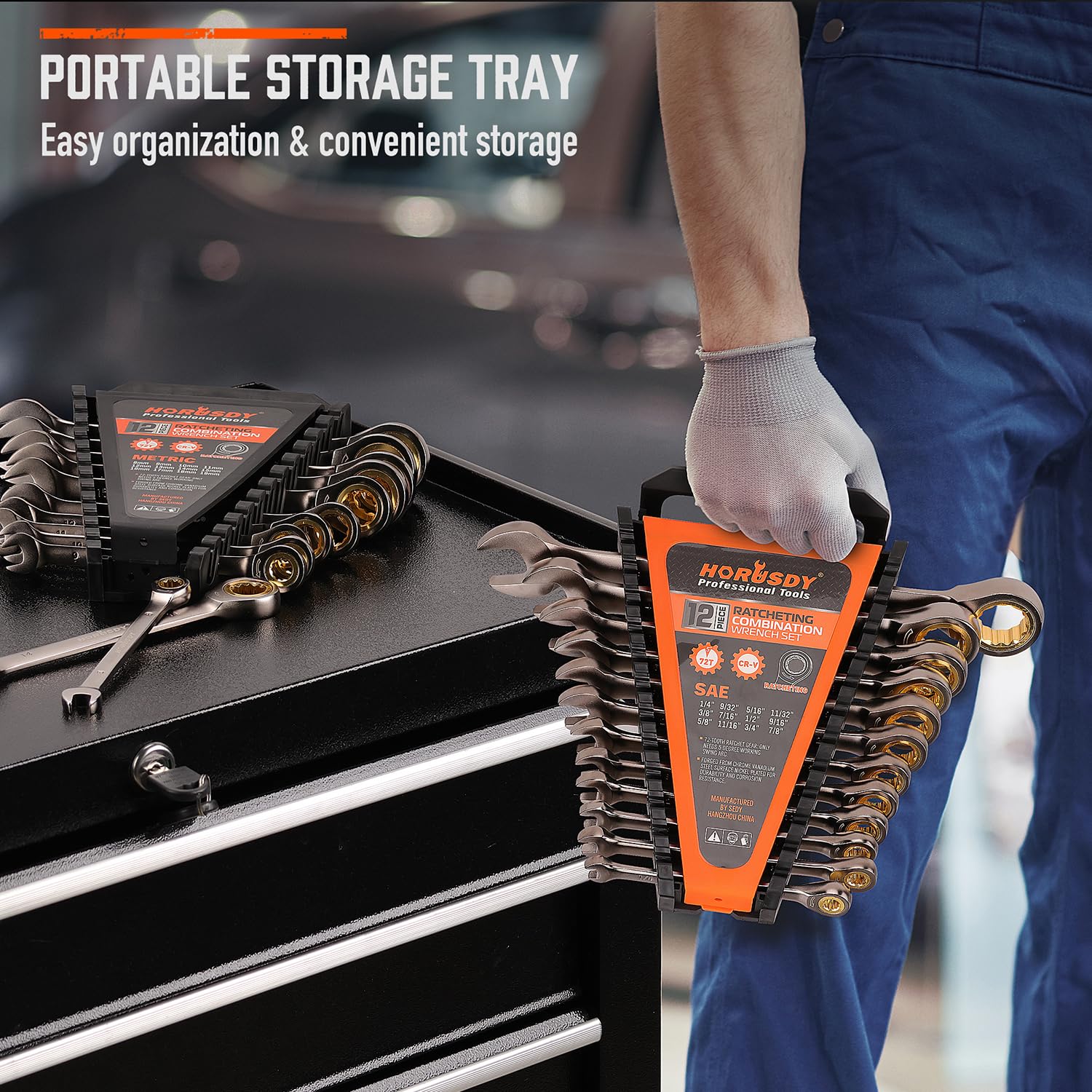 HORUSDY dedicated storage rack keeps wrenches organized.