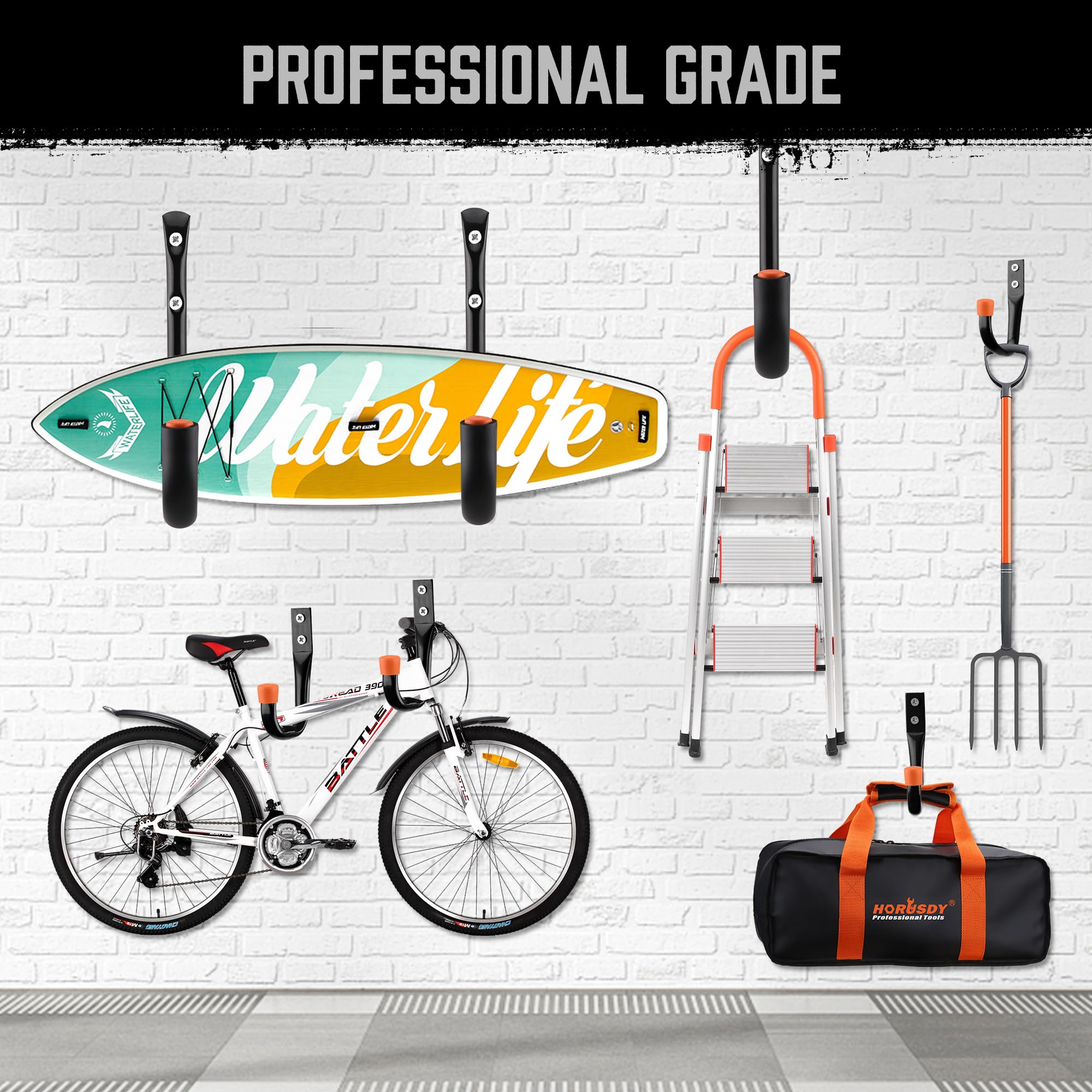 HORUSDY heavy-duty hooks simplify garage organization and access.