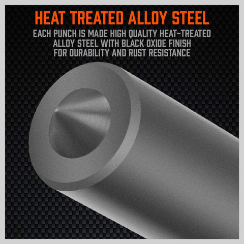 HORUSDY heat-treated alloy steel punches arranged neatly for quick access in machining tasks.