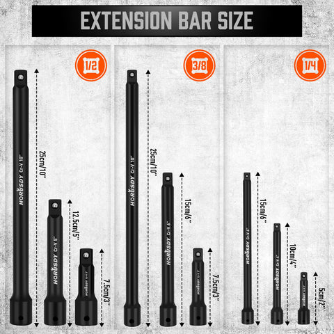 HORUSDY impact extension bars provide extended reach in tight spaces.