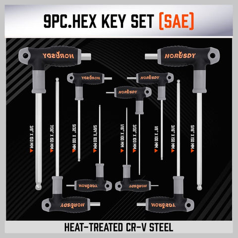 HORUSDY long-arm ball-end hex keys in inch provide easy access in confined spaces.