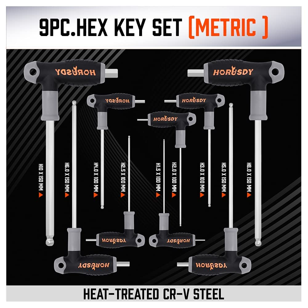 HORUSDY long-arm ball-end hex keys in metric offer precise fit and extended reach.