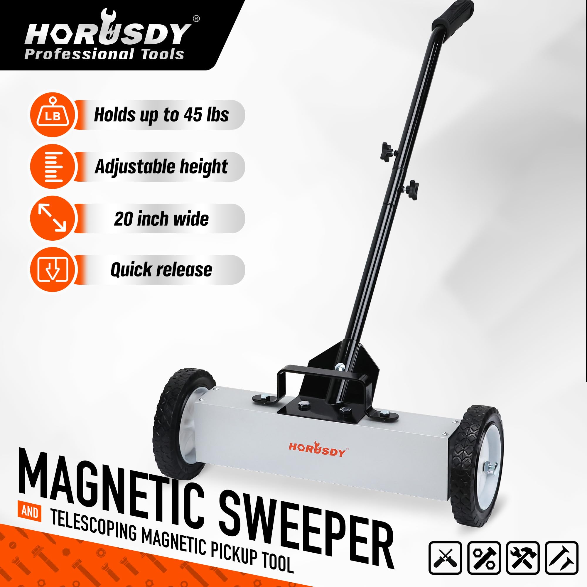 HORUSDY magnetic sweeper wheels enable smooth rolling across workshop floors.