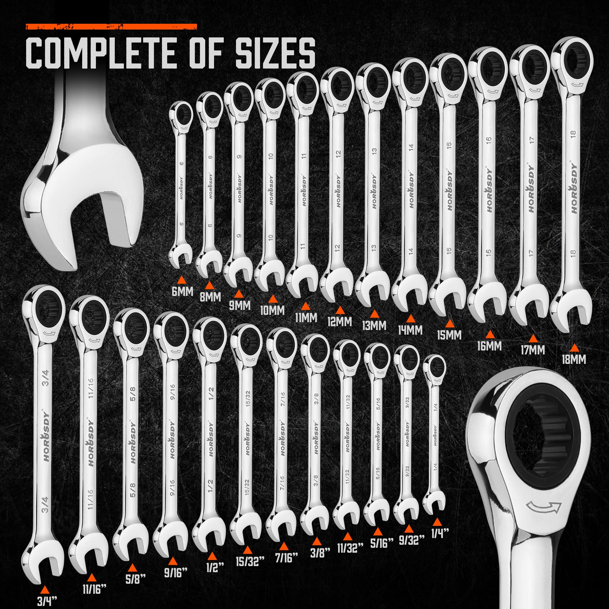 HORUSDY metric sizes 6-18 mm included for common mechanical tasks.