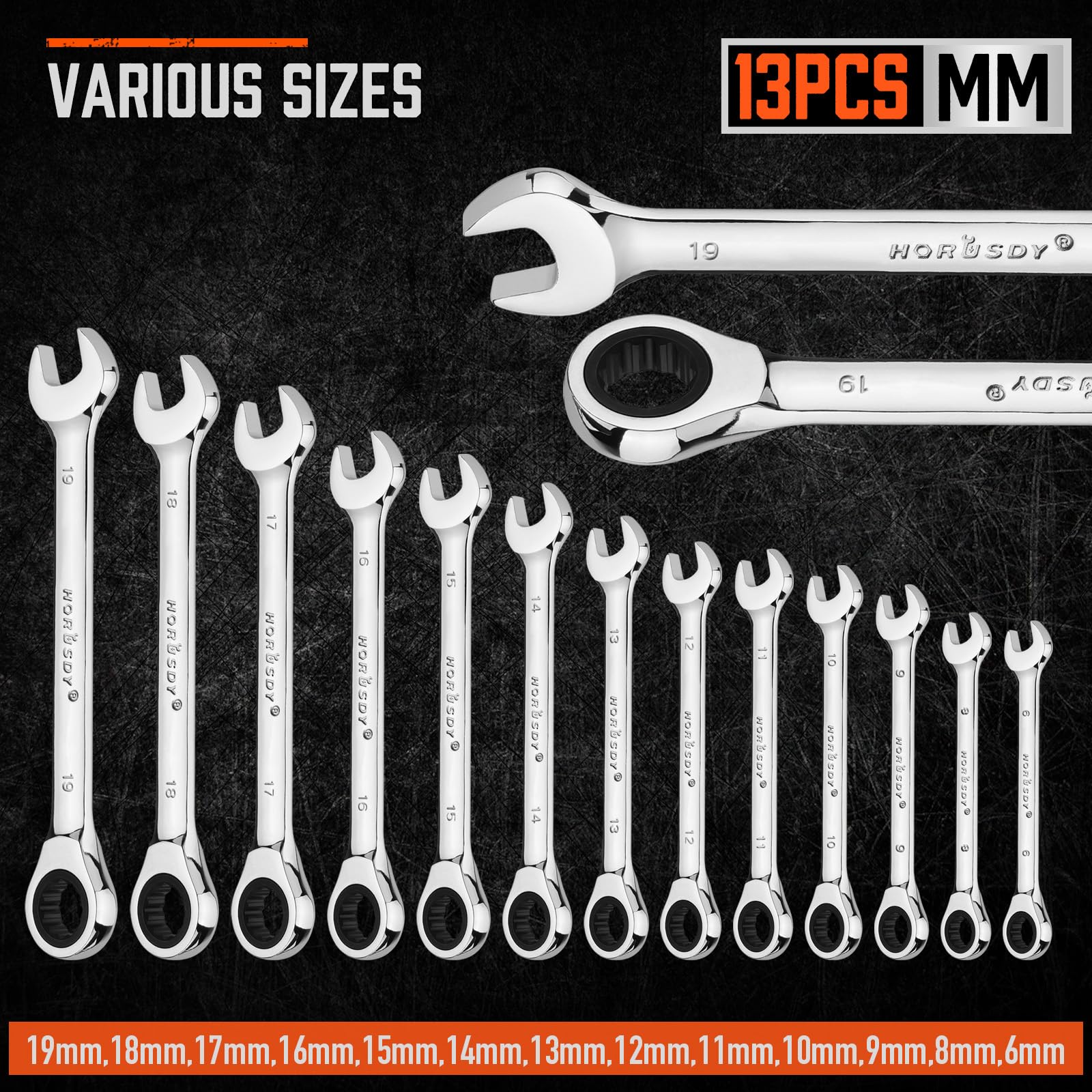 HORUSDY metric sizes 6–19mm laid out for versatile repairs