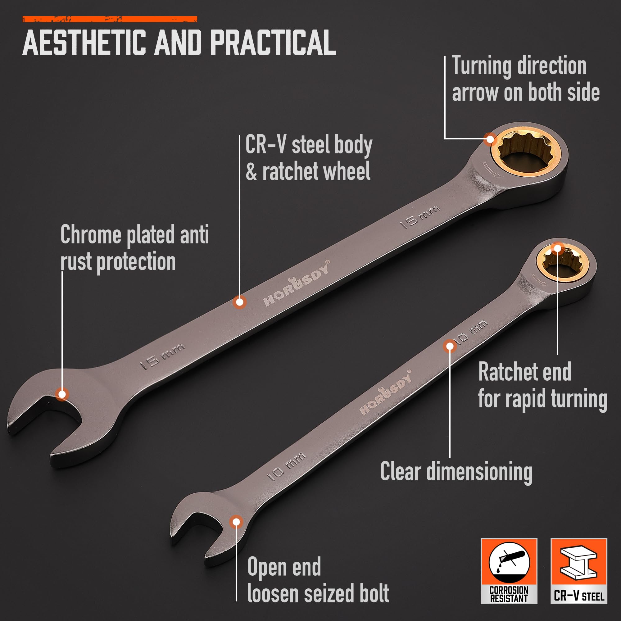 HORUSDY metric wrench sizes from 8mm to 19mm laid out.