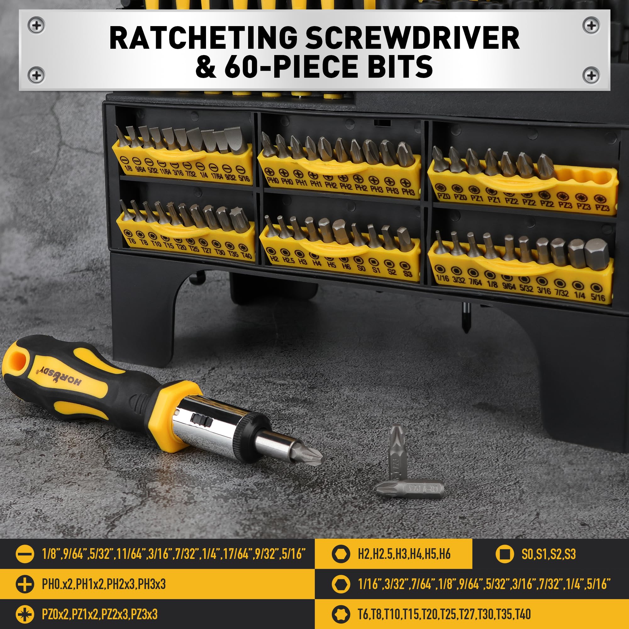 HORUSDY Phillips, flat, and slotted drivers for common fasteners.