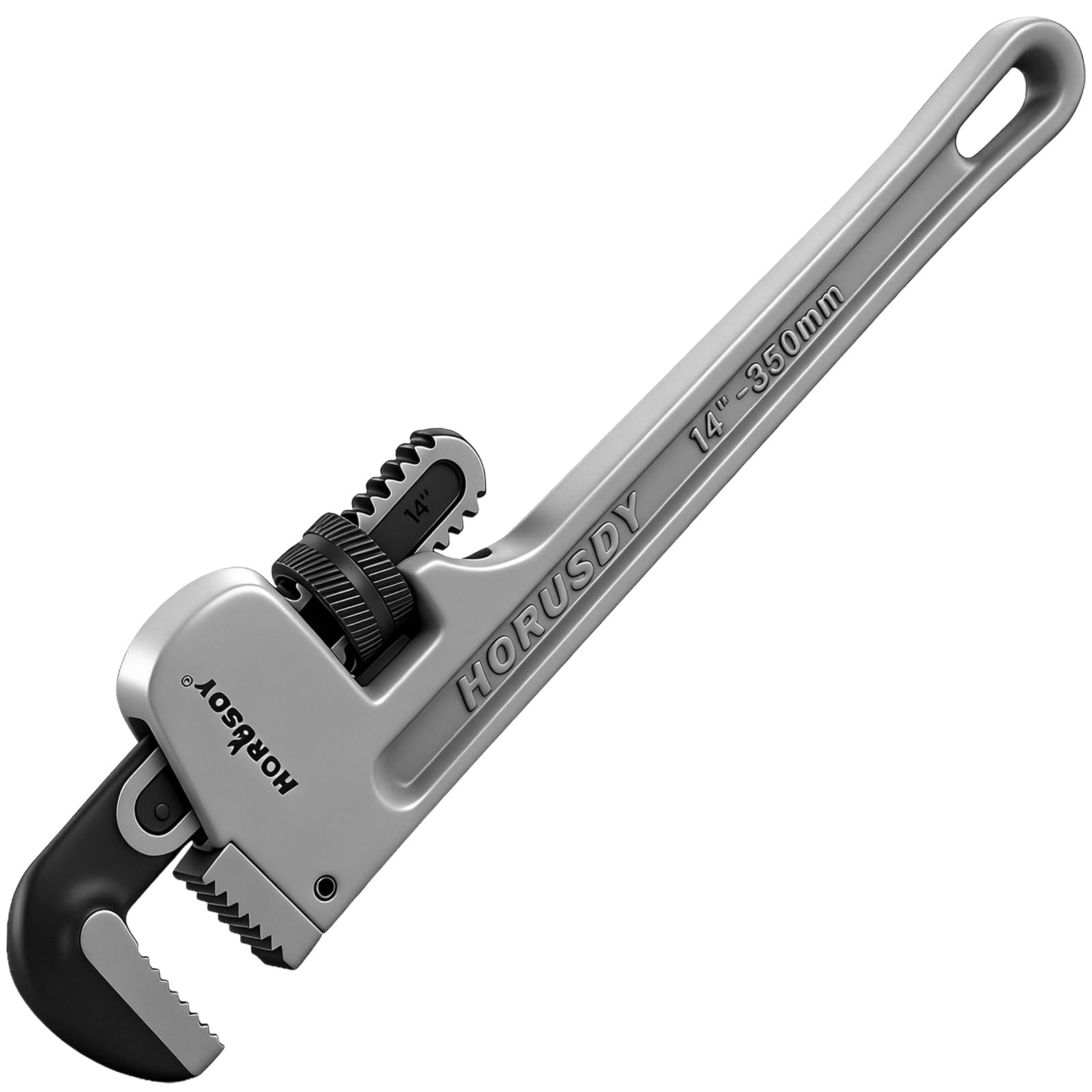 HORUSDY 14-inch aluminum pipe wrench shows lightweight body for easy handling.