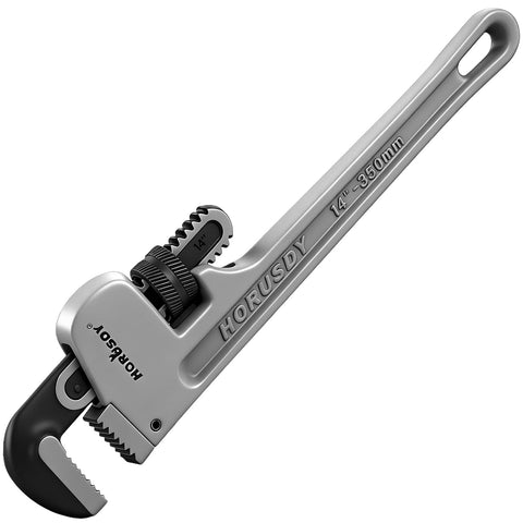 HORUSDY 14-inch aluminum pipe wrench shows lightweight body for easy handling.