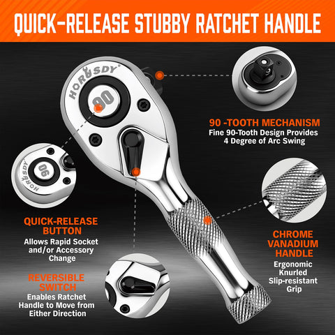 HORUSDY quick-release stubby ratchet for secure socket changes.