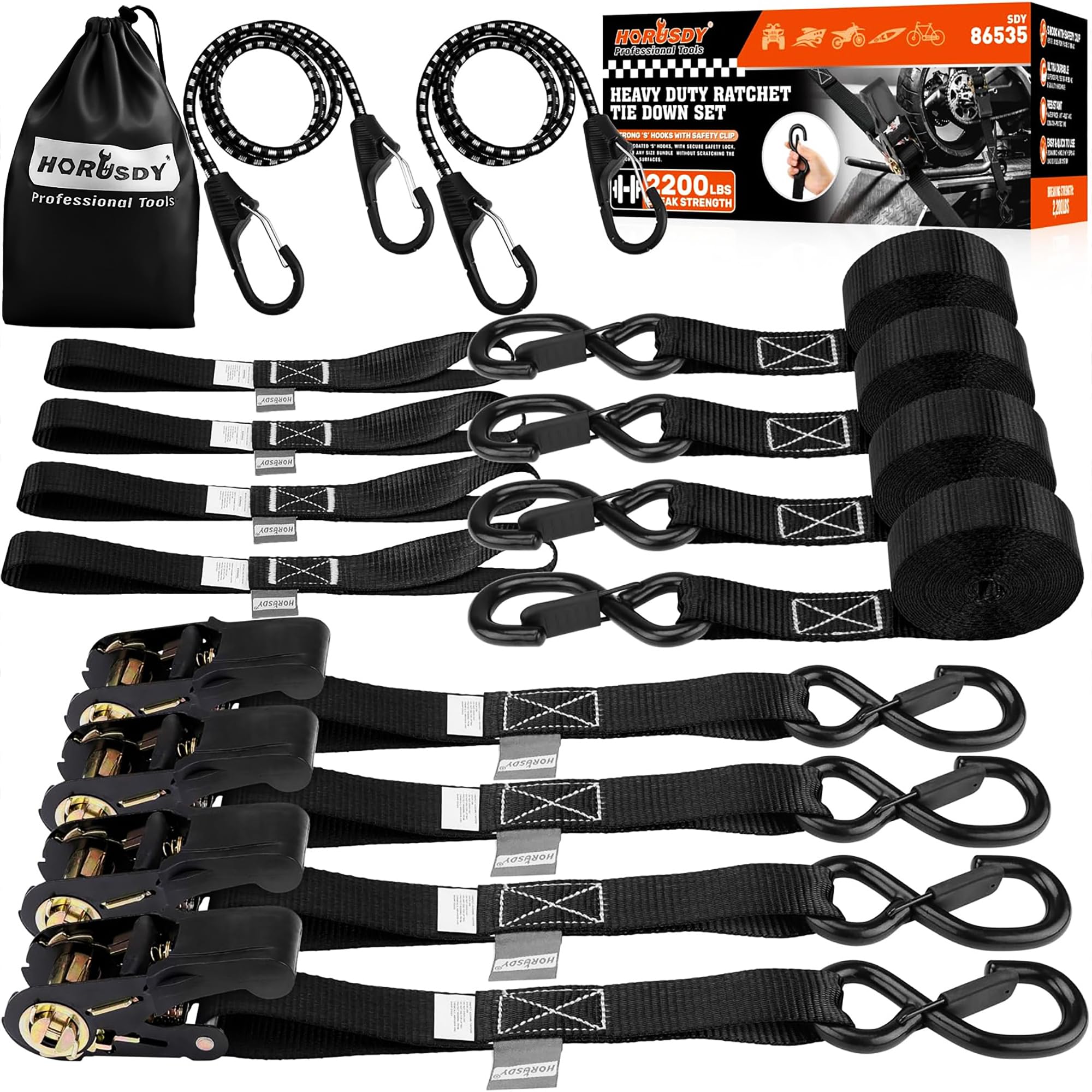 HORUSDY ratchet strap close-up hook with rubber-coated safety lock protects surfaces.
