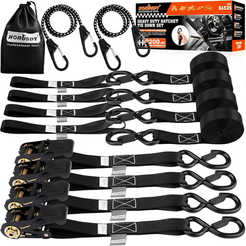 HORUSDY ratchet strap close-up hook with rubber-coated safety lock protects surfaces.