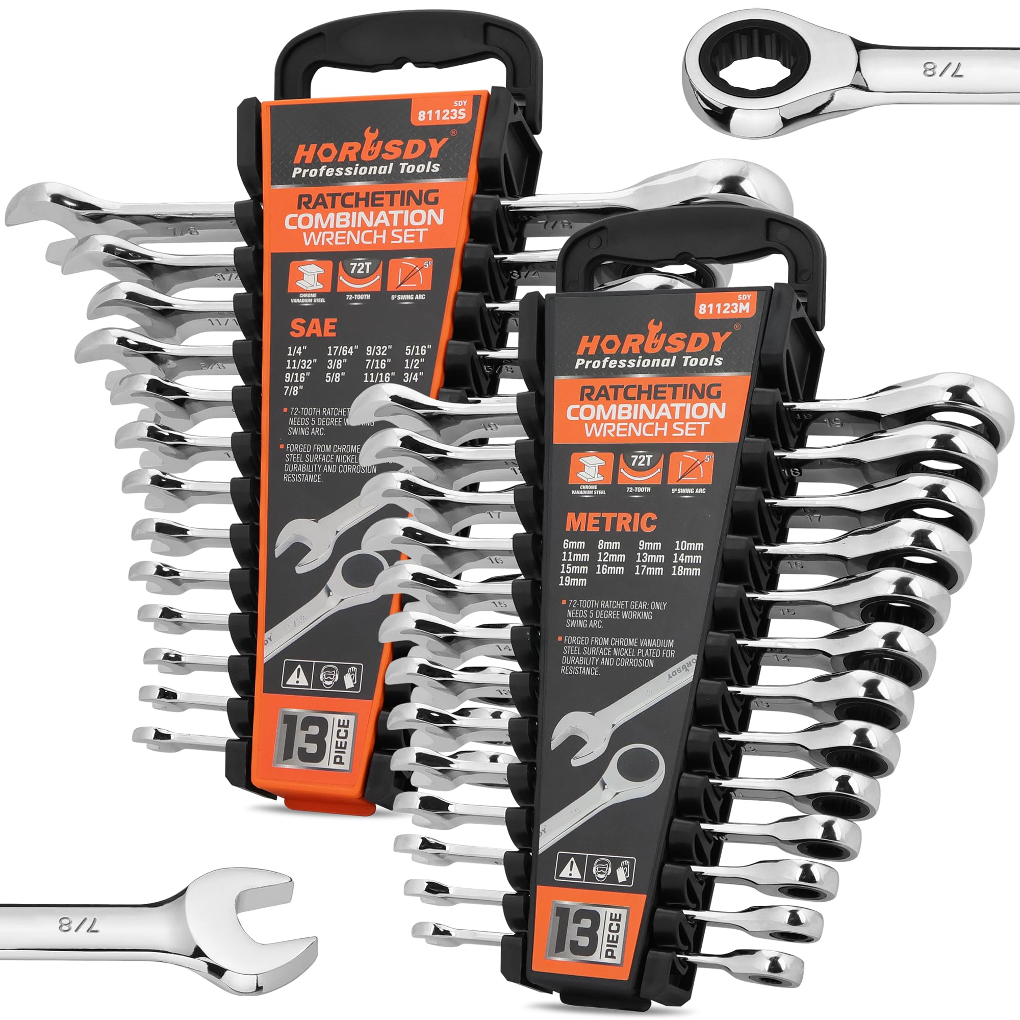 HORUSDY ratcheting wrench set organized on two racks for easy organization