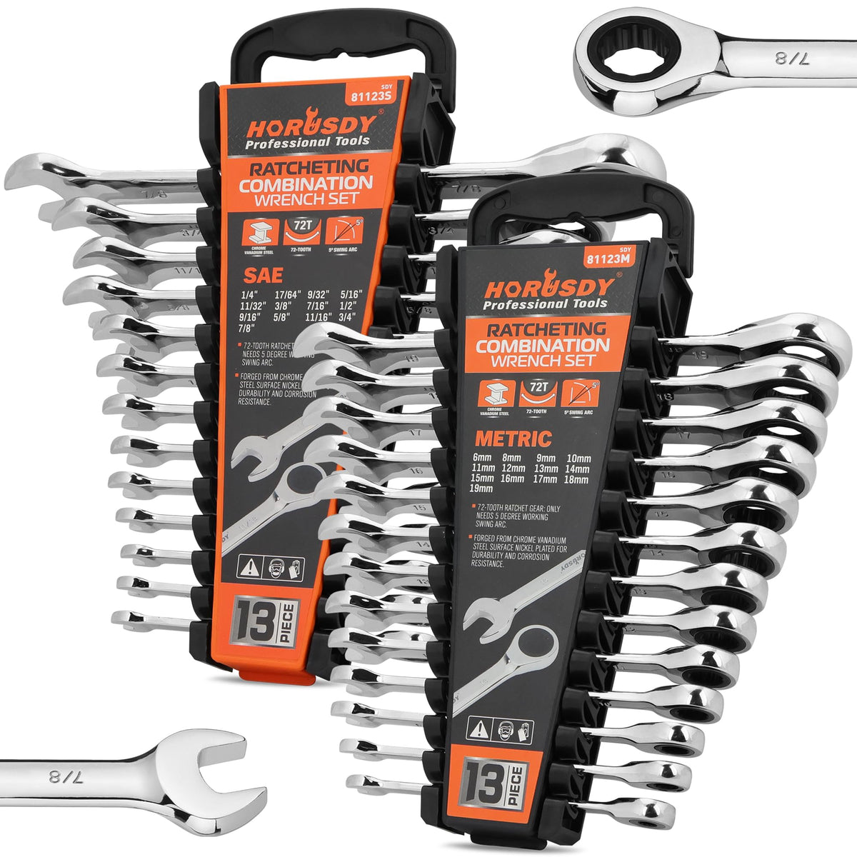 HORUSDY ratcheting wrench set organized on two racks for easy organization