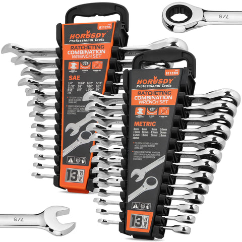 HORUSDY ratcheting wrench set organized on two racks for easy organization