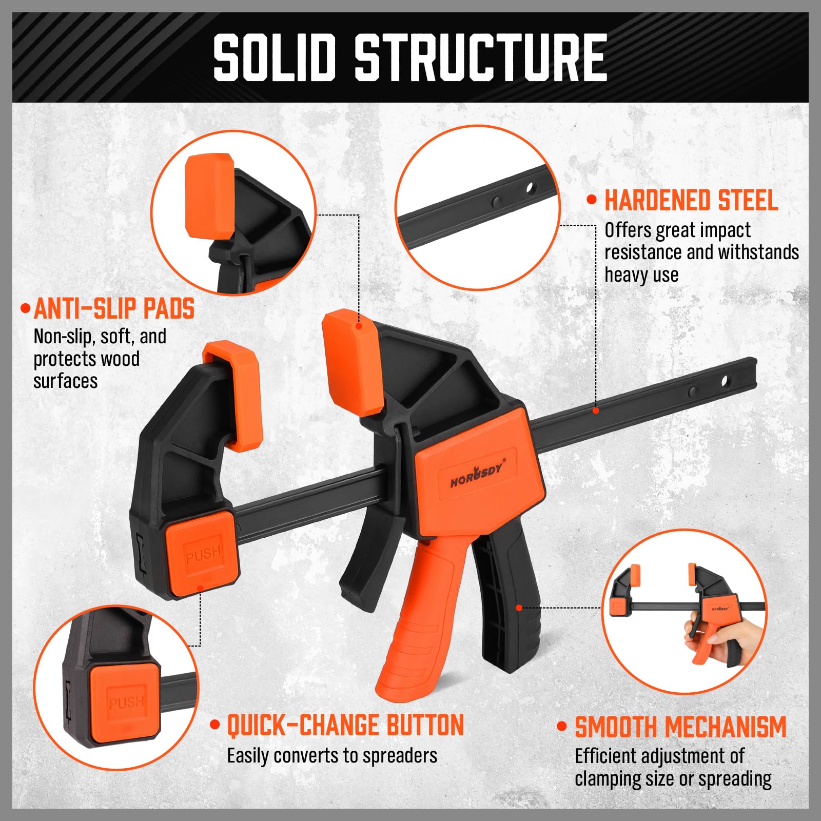 HORUSDY reinforced nylon body provides durable performance on tough jobs.