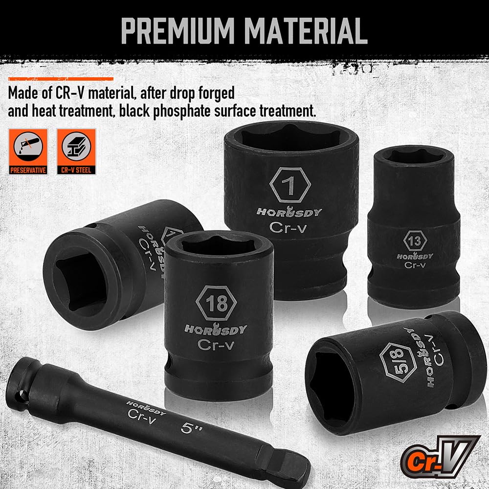 HORUSDY SAE and metric shallow sockets with laser markings for quick size checks.