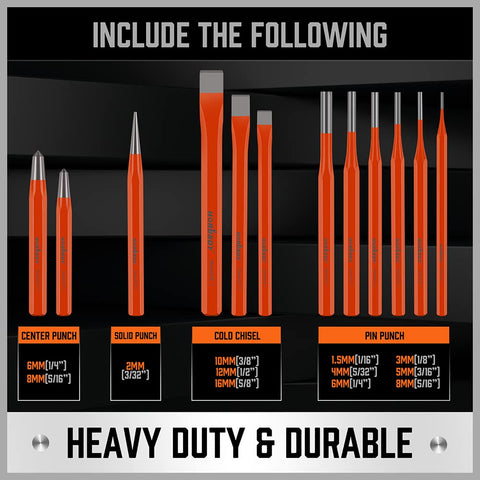 HORUSDY size chart highlighting punch and chisel options