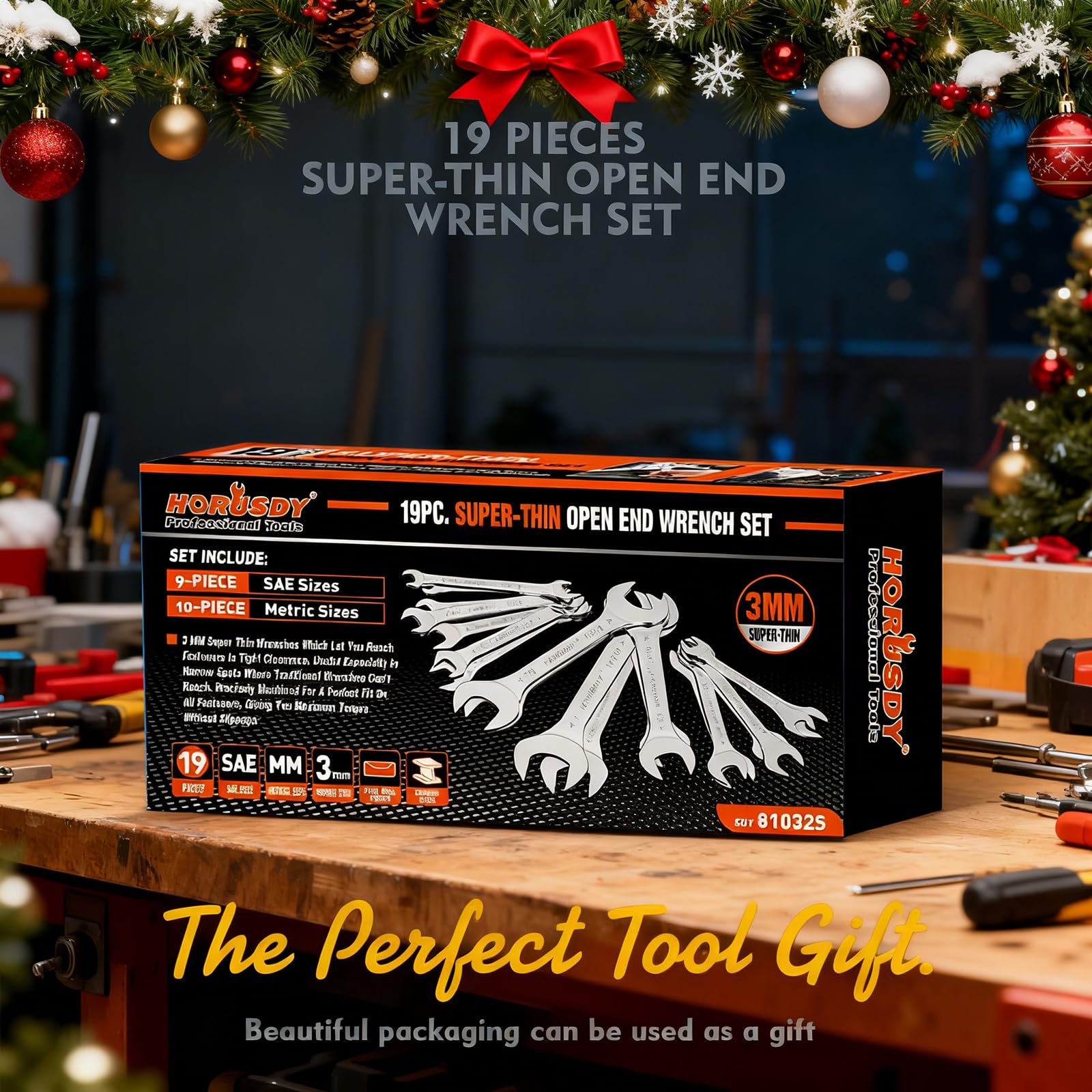 Compact HORUSDY wrench set neatly organized in rolling pouch for quick access.