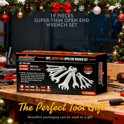 Compact HORUSDY wrench set neatly organized in rolling pouch for quick access.
