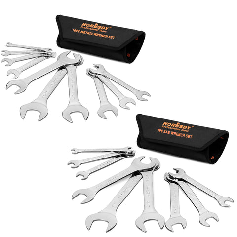 HORUSDY thin open-end wrenches with rolling pouch for easy, portable storage.