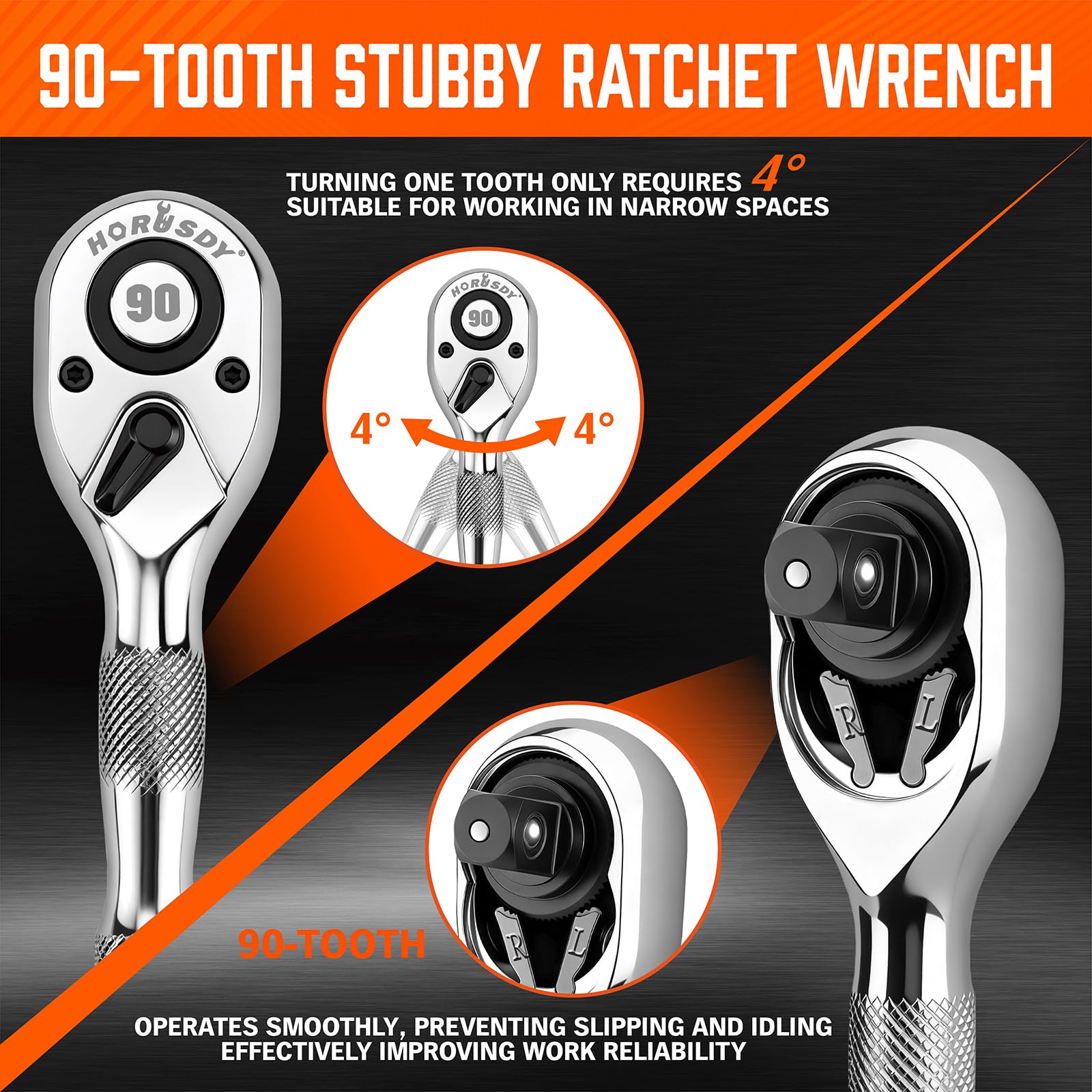 HORUSDY three-eighths drive stubby ratchet offers access in tight spots.