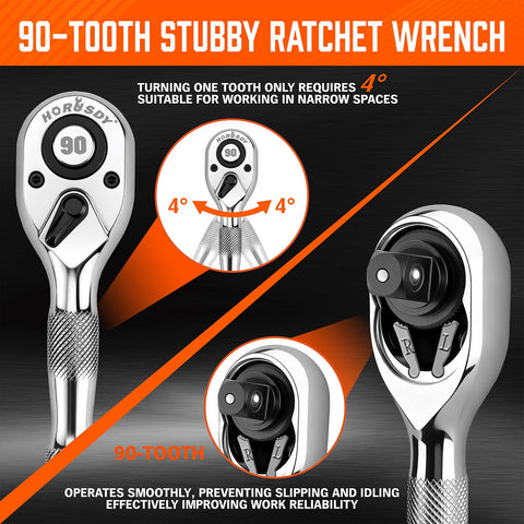 HORUSDY three-eighths drive stubby ratchet offers access in tight spots.