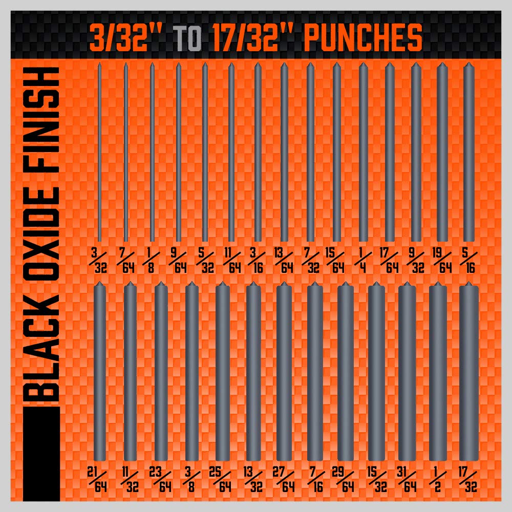 HORUSDY transfer-punch kit in use shows wide size range from 3/32 to 1/2 inch.