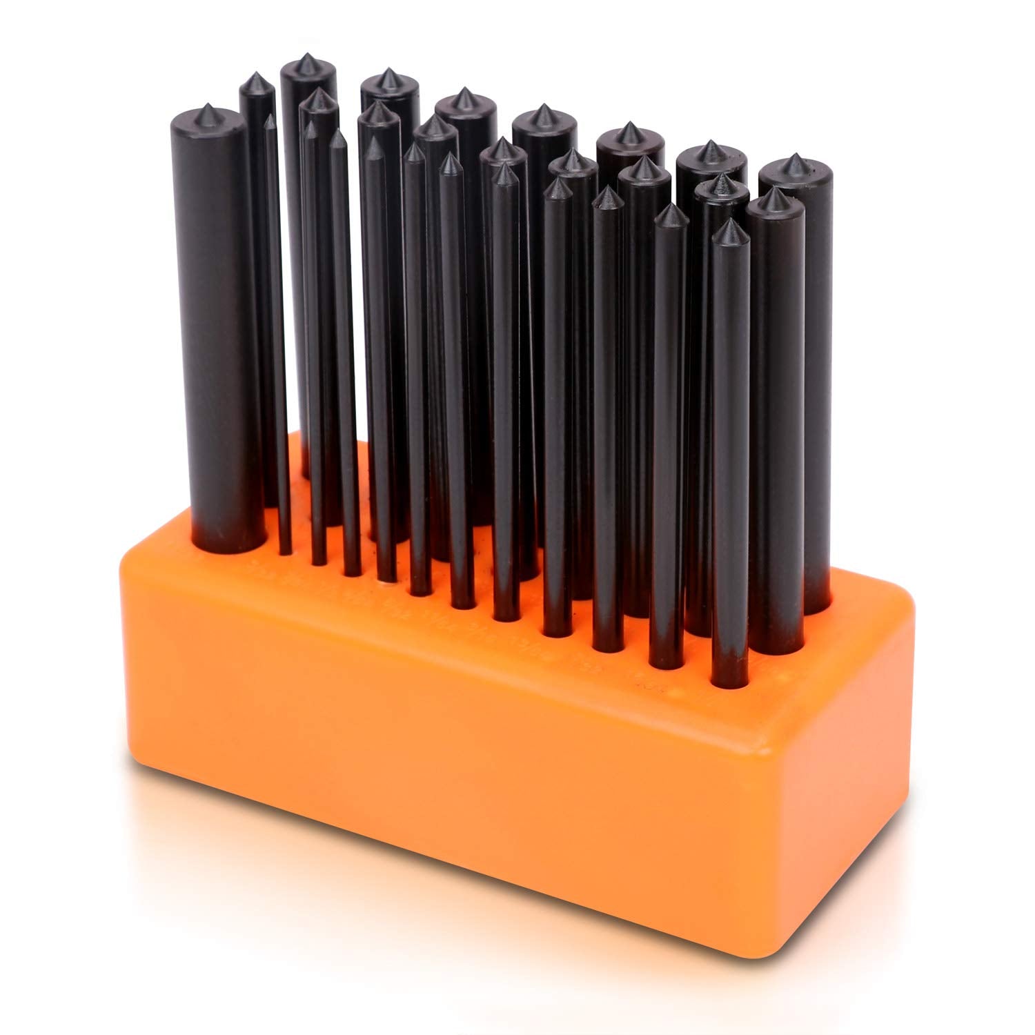 HORUSDY transfer punch set collection shows rust-resistant alloy steel in a clean workshop.