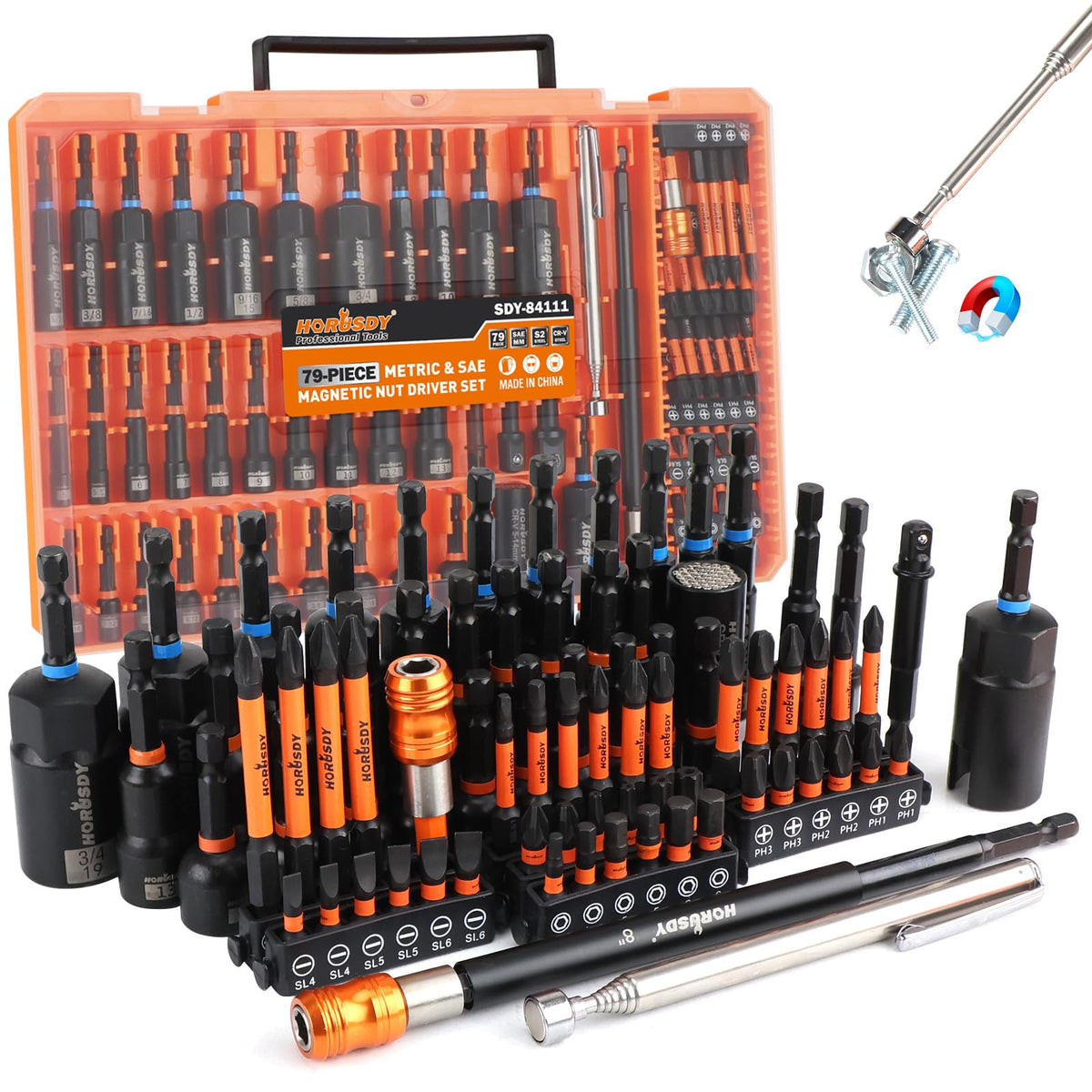HORUSDY upgraded 79-piece set laid out for complete toolkit overview