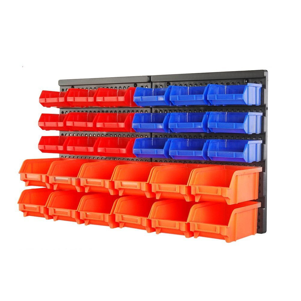 HORUSDY wall-mounted storage bins setup on slat wall for organized workshop