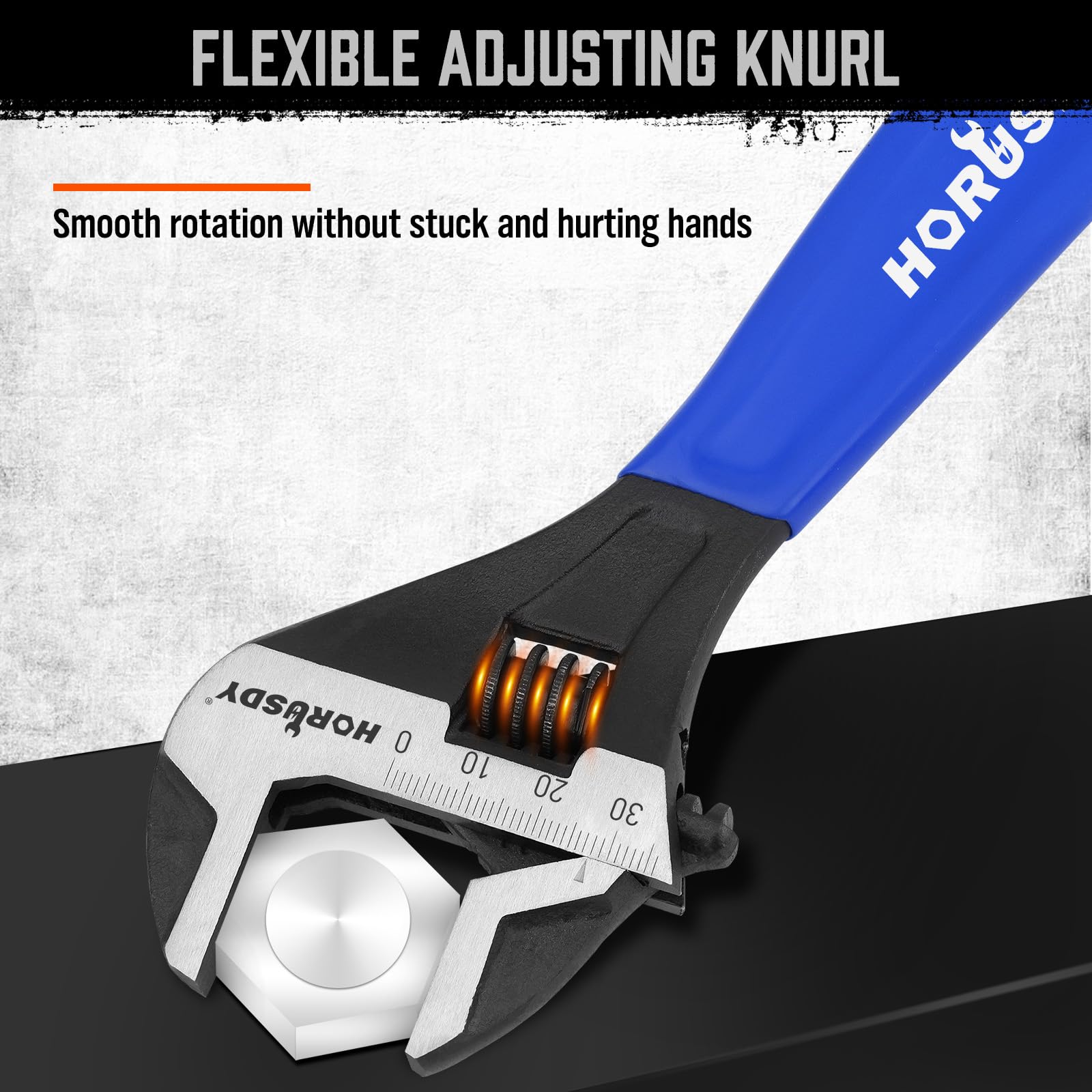 HORUSDY worm-gear jaw close-up shows precise control during fastening.