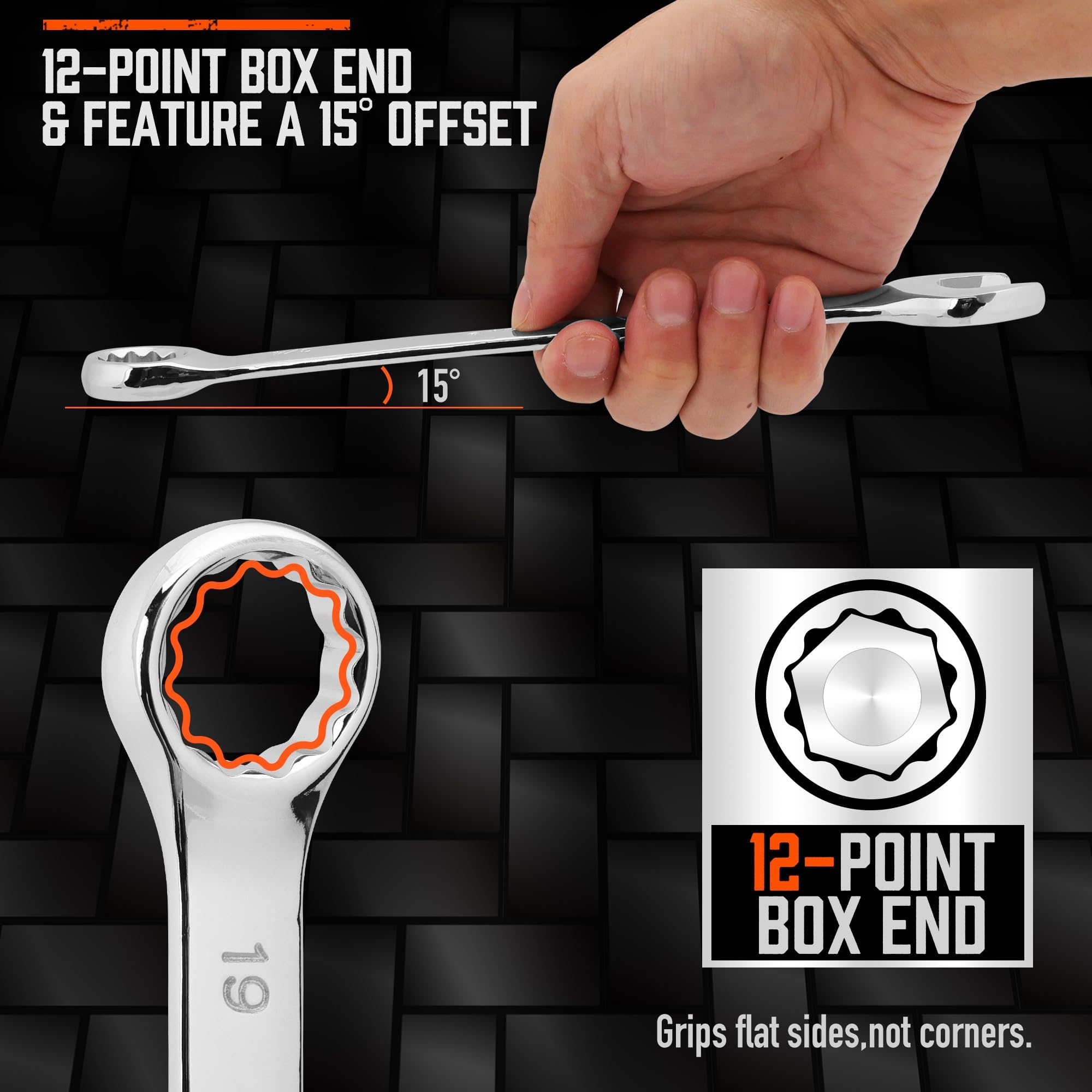 HORUSDY 12-point box end enables easy fastener engagement in tight spaces.