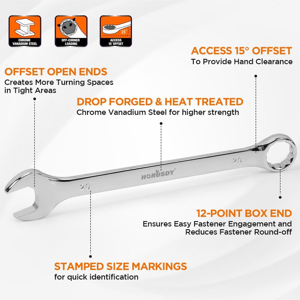 HORUSDY wrench set chrome-vanadium finish provides durable corrosion resistance.