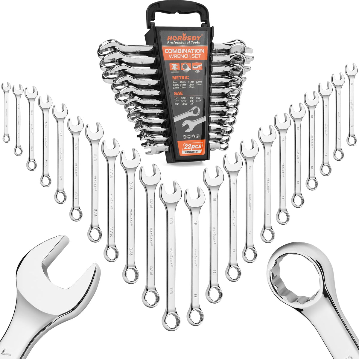 HORUSDY wrench set metric range with precise sizes for quick, accurate fits.