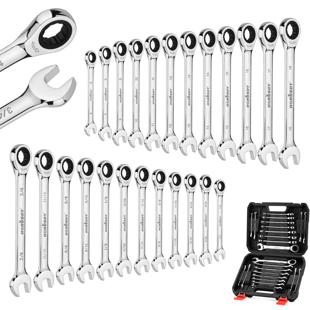 HORUSDY 24-Piece wrench set in case with mirror finish for easy organization.