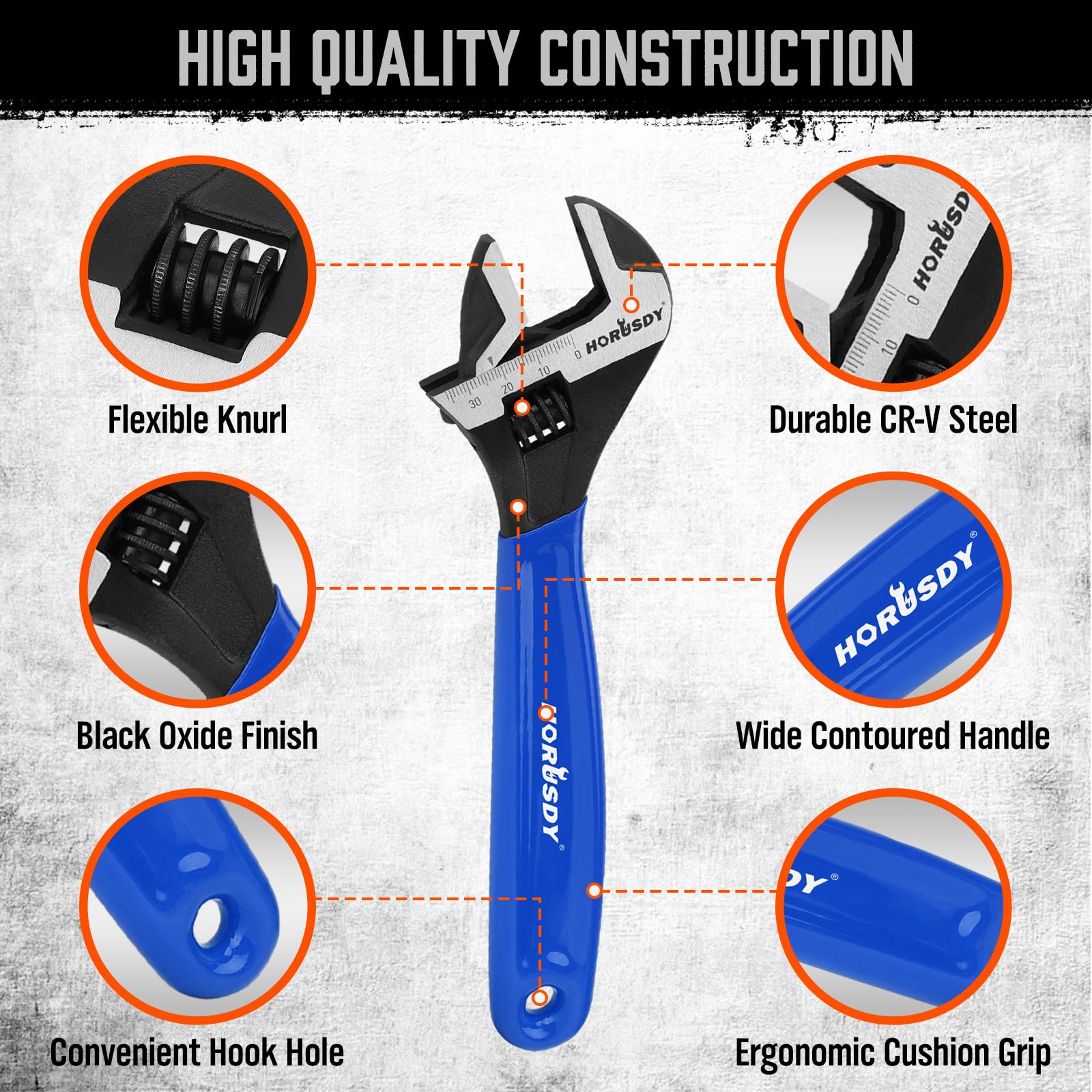 HORUSDY wide-jaw close-up highlighting smooth adjustment and secure grip.