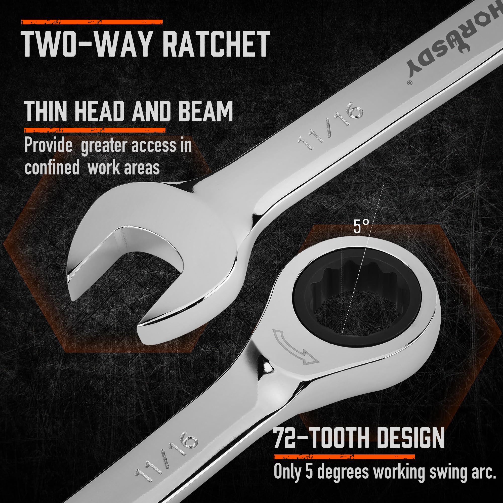 HORUSDY slim-profile wrenches reach confined spots with ease.
