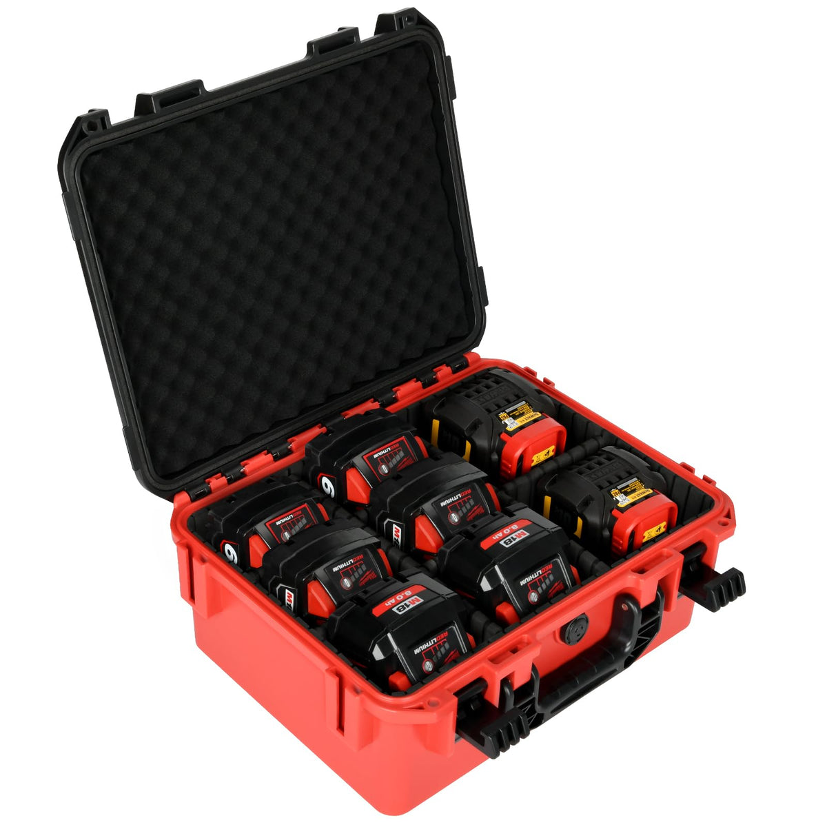 HOSOCASE battery storage case for Milwaukee M18, top view showing rugged exterior and secure latches.