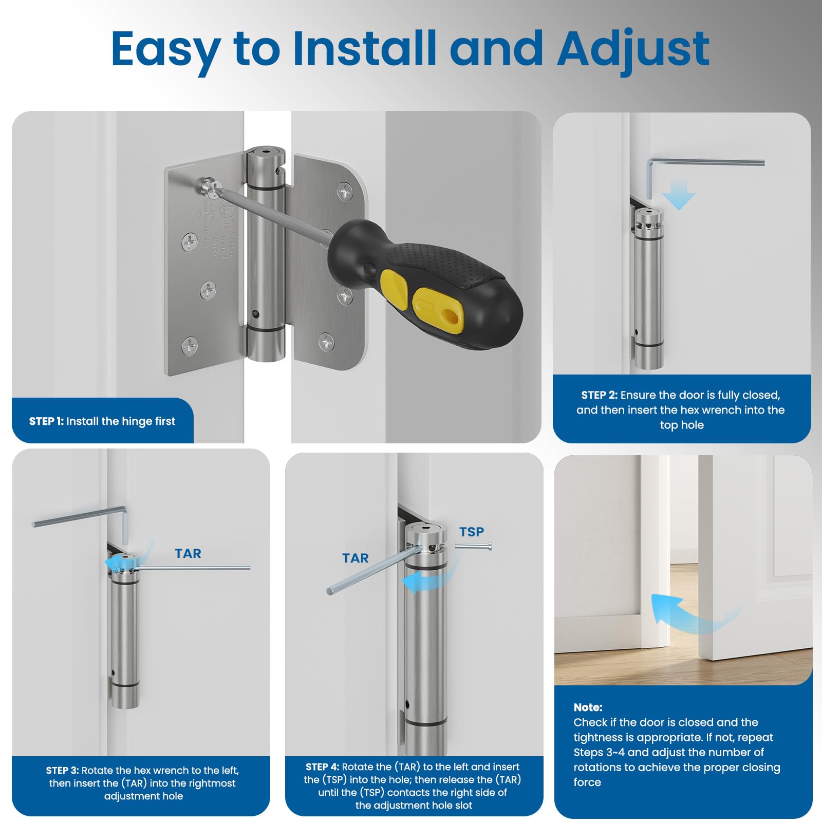 HOSOM installation-friendly hinges with screwdriver-friendly replacement and hex wrench for tension tweaks