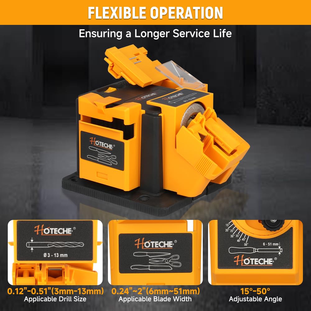 Hoteche sharpens blades from 1/4 inch to 2 inches for versatile tools.